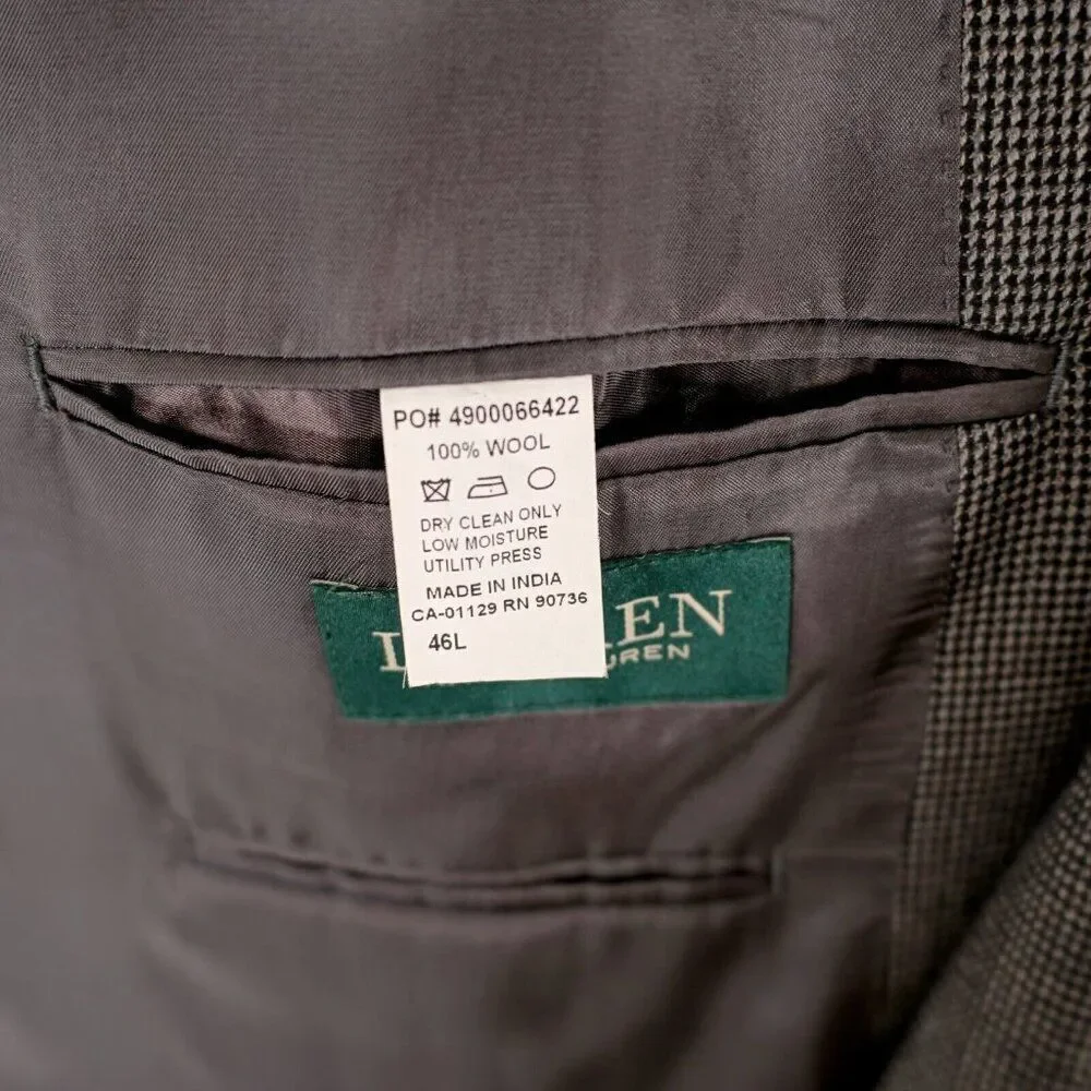 Lauren Ralph Lauren Thick Wool Wool Black Gray Tan Check 2 Button Sport Coat 46L